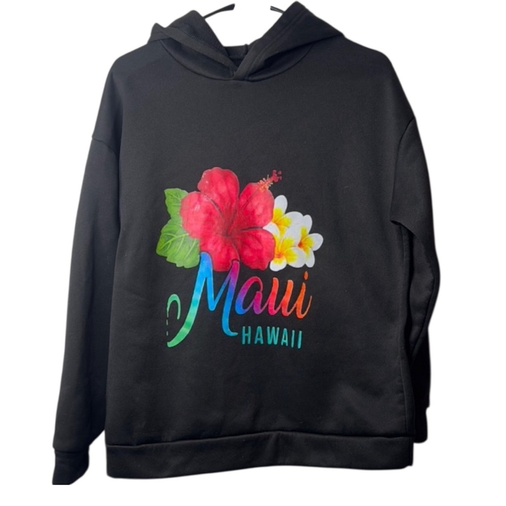 MINOR WEAR /Black Hoodie with Floral Maui Hawaii Print